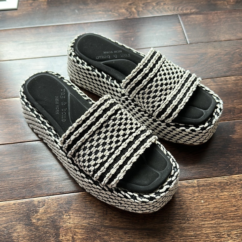 rag & bone Black and White Woven Platform Slide Sandals